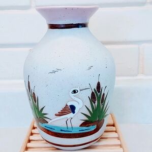 Tonala Mexican Pottery Vase Folk Art Egret Heron Wading Birds Signed Mexico